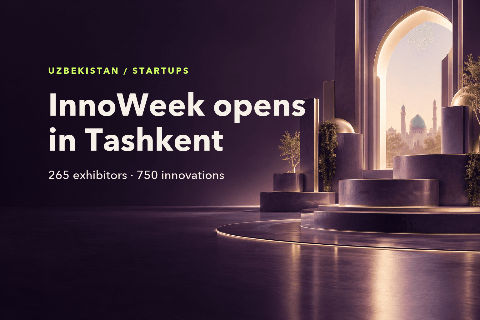 Illustration for InnoWeek in Tashkent with purple exhibition forms and a lighted arch.